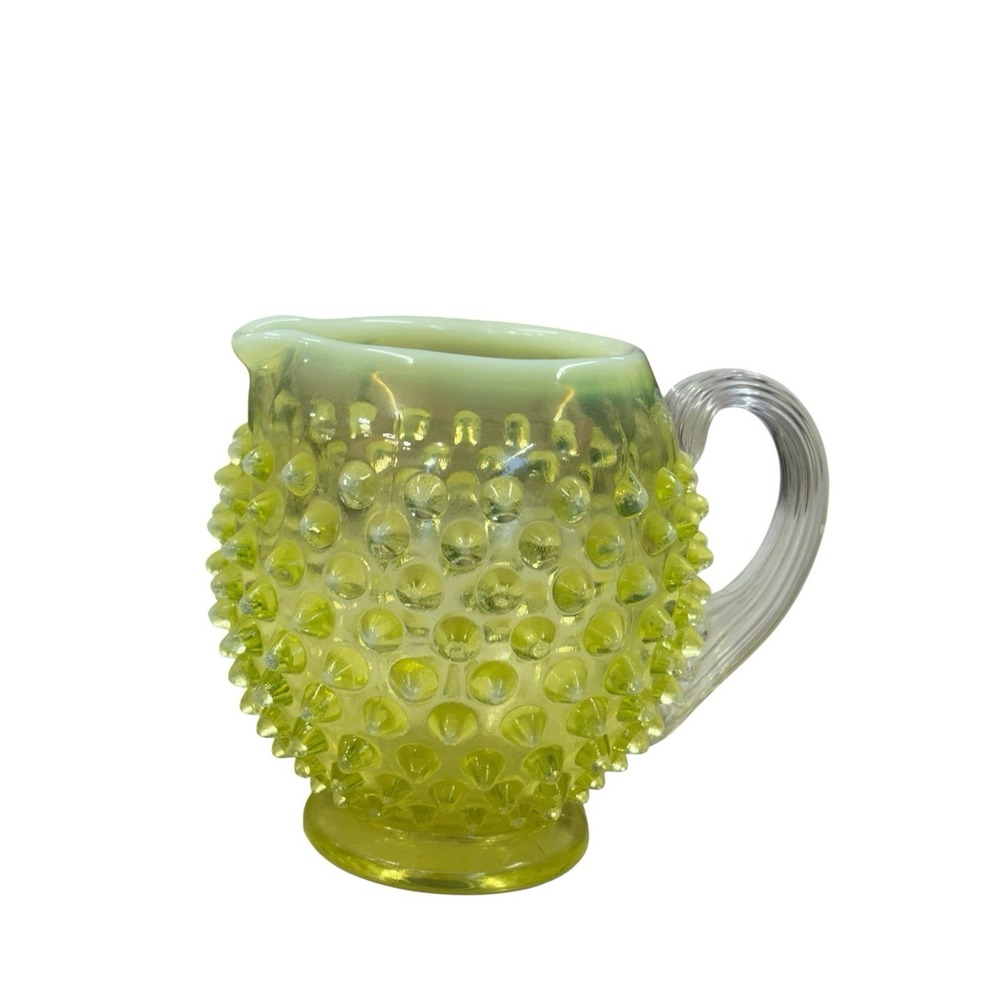 Rare Fenton Yellow Topaz Vaseline Opalescent Hobnail Pitcher Vase Uranium Glow - Picture 8 of 9